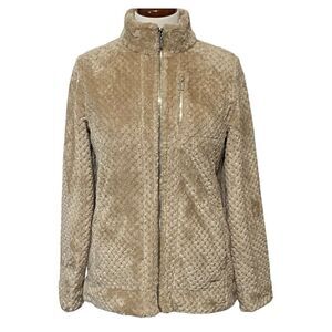 Calvin Klein Womens Small Full Zip Teddy Fleece Jacket Pockets Lightweight Tan